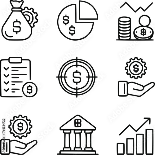 Economy and Budget Management Icons  Line Art Set of Gears, Finance, and Strategy Symbols