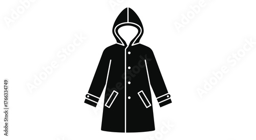 Black silhouette of a hooded raincoat with white trim and buttons on a white background