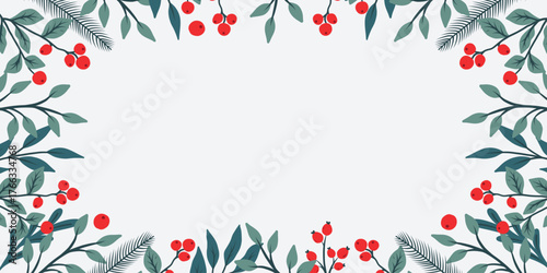 Frame of green leaves and red berries. Freehand vector illustration. Botanic design for postcard or banner.