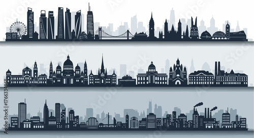 A collection of three distinct city skyline silhouettes, showcasing modern, historical, and industrial urban architectural styles as vector illustrations.