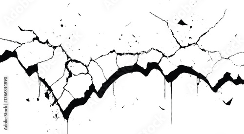 Black and White Crack Overlay. Damaged Wall with Deep Cracks