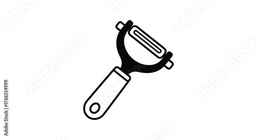Simple black and white line drawing of a kitchen peeler tool in silhouette style