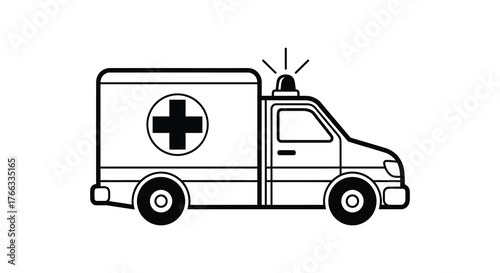 Simple black and white line drawing silhouette of an ambulance with a red cross symbol on its side for medical emergencies silhouette