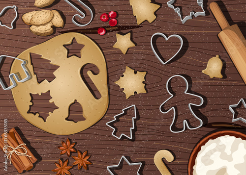 Dough with Cookie Cutters, Flour, Almond Shells, Star Anise, Cinnamon, Rolling Pin & Cranberries on Wooden Surface - Festive Baking Backdrop Illustration