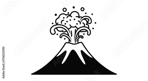 Stylized black and white illustration of a powerful volcano erupting with smoke and ash in a silhouette