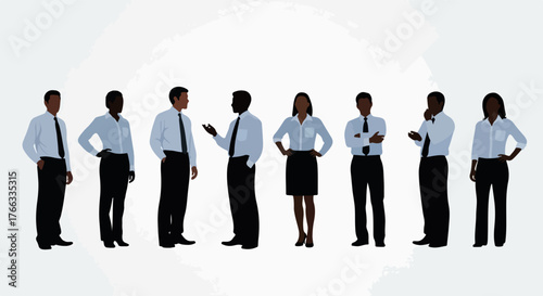 Collection of diverse Black business people, men and women, in formal office attire standing in various poses on a white background.