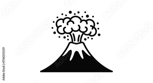 Stylized black and white illustration of a volcano erupting with smoke and ash in a simple silhouette style