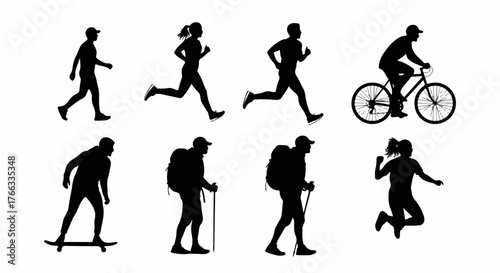 A collection of black silhouettes showing people engaged in various physical activities like walking, running, cycling, and hiking.