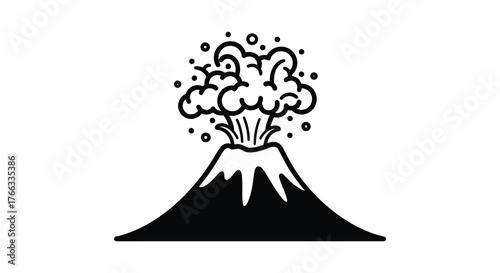 Dramatic black and white cartoon silhouette of a volcano erupting with smoke and ash spewing into the sky