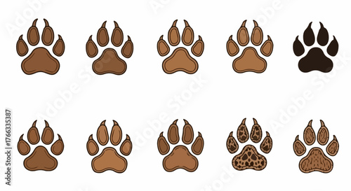 A collection of ten stylized canine paw prints with various brown tones, patterns, and textures, isolated on a white background.