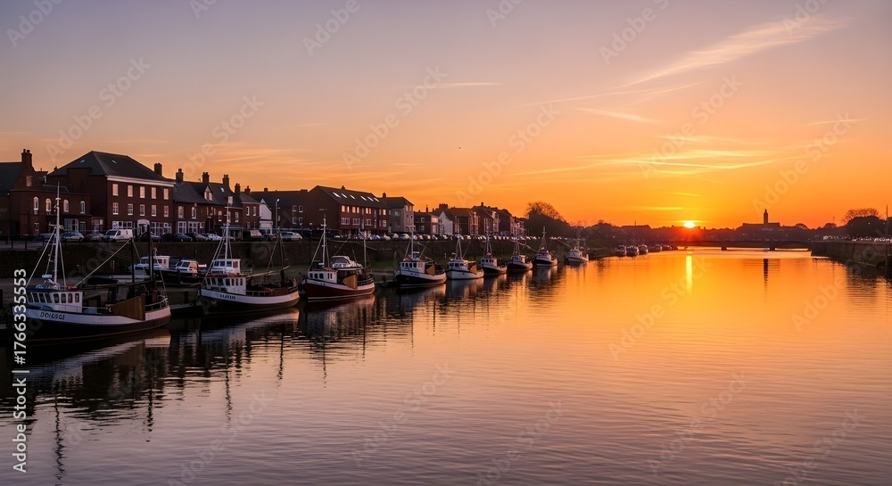 Fototapeta premium boats wait on a calm river near town
