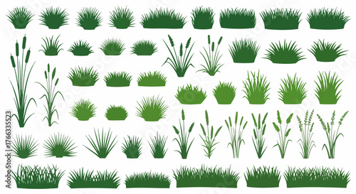 A diverse collection of green grass tufts, patches, and reed silhouettes isolated on a white background.