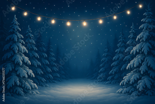 Serene snowy winter forest at night background with dark blue sky, falling snow, pine trees, and warm glowing string lights overhead.