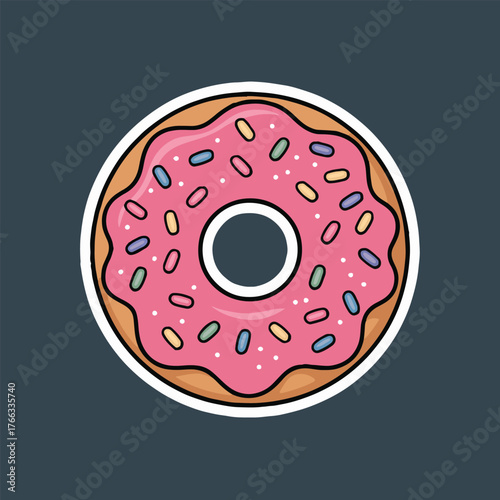 A cartoon donut with pink frosting and colorful sprinkles on a dark gray background illustration