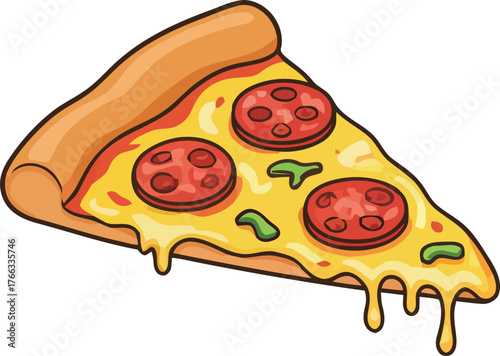 Cartoon Pepperoni Pizza Slice with Dripping Cheese and Green Pepper Toppings