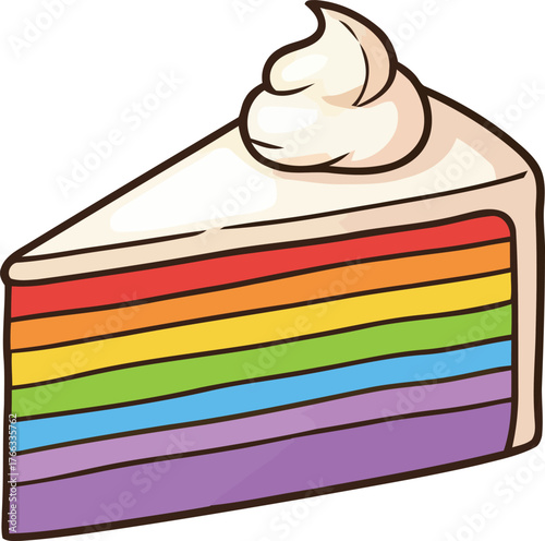 Cartoon Rainbow Cake Slice with Cream Topping on a White Background