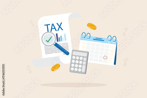Tax payment concept. Financial report auditor and calculation tax return, debt payment for Government, State taxes, Tax planning Due date. Calendar and Tax document in vector illustration flat design.
