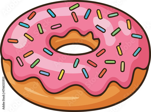 Cartoon Donut with Pink Frosting and Colorful Sprinkles Illustration