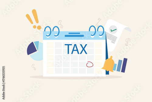 Tax payment concept. Financial report auditor and calculation tax return, debt payment for Government, State taxes, Tax planning Due date. Calendar and Tax document in vector illustration flat design.
