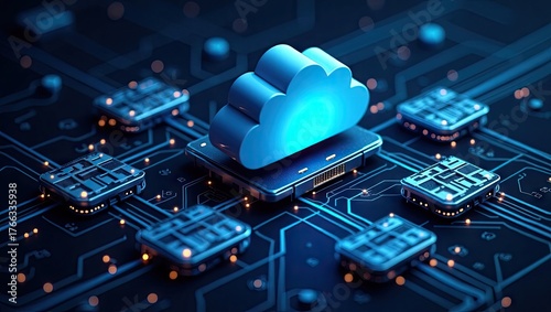 Modern digital abstract graphic showcasing cloud computing with interconnected circuit boards, highlighting data storage, and processing in a futuristic technological composition.