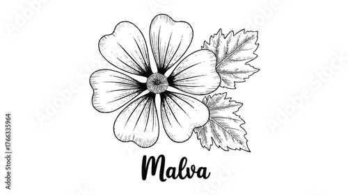 A black and white line drawing of a Malva flower with detailed shading and a central dark brown center 