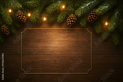 Cozy rustic Christmas background with dark wooden texture, pine branch garland, pine cones, and warm string lights surrounding a central frame for text.