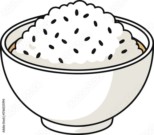 Illustration of a Bowl of Rice with Black Sesame Seeds