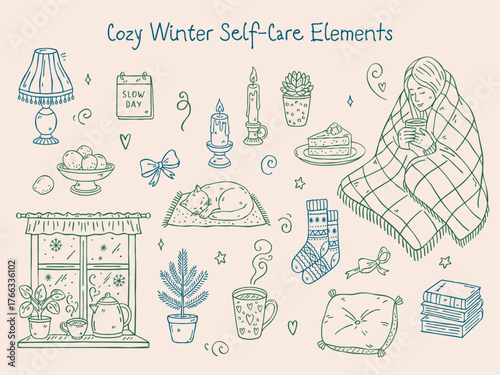 Cozy Winter Self-Care Elements, hand-drawn doodle style: woman under a blanket with a cup, cat, winter window with tea kettle and cup, pillow, potted plant, calendar, books, socks, bows, and candles