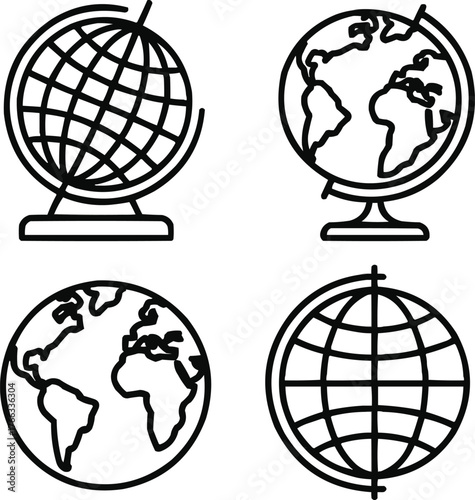 World Globe Icons  Minimal Outline Vector Set of Earth and Global Geography Symbols