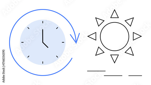 Clock face with circular arrow symbolizing time and movement, paired with a minimalist sun representing daytime. Ideal for scheduling, productivity, time management, workflow, routine, transition