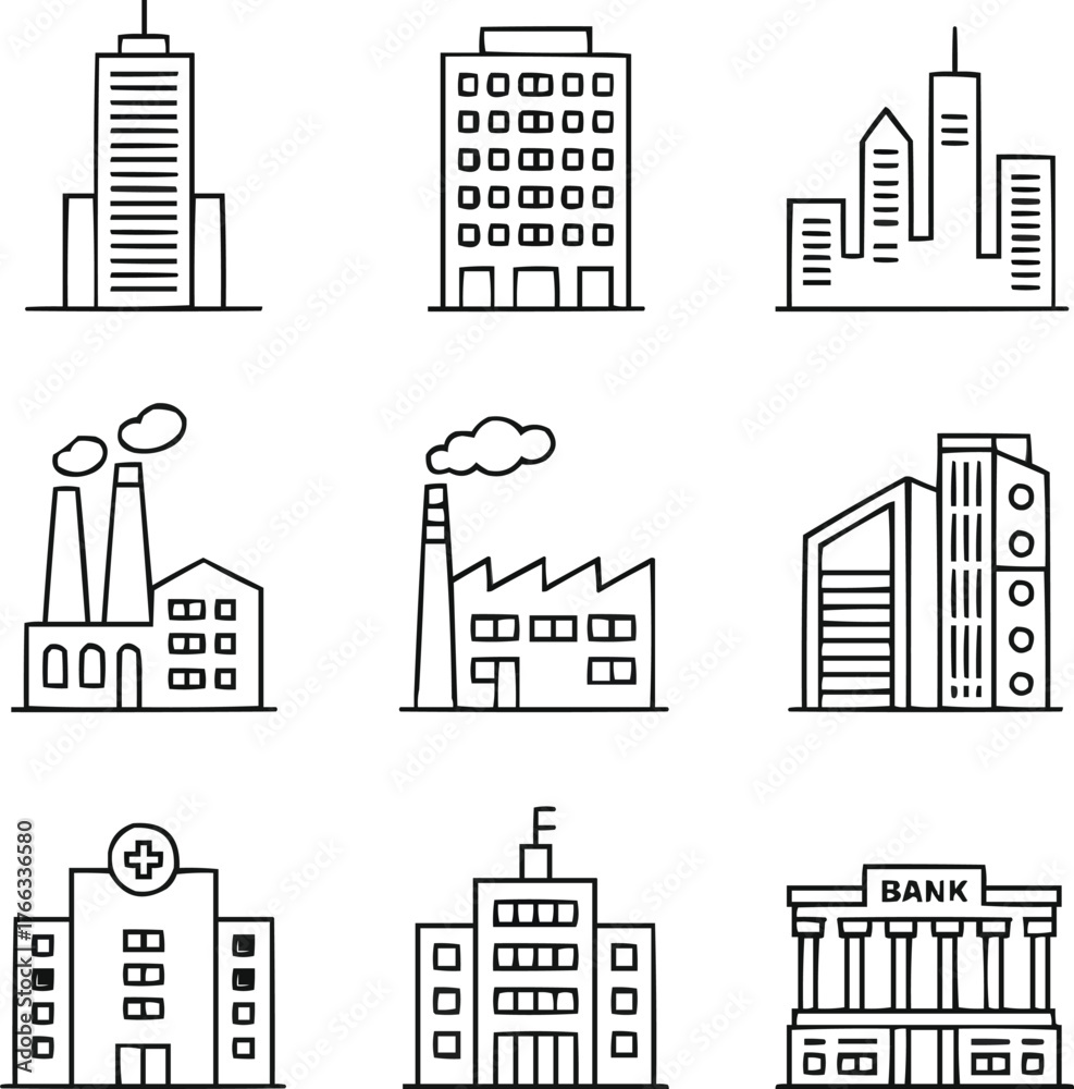 Fototapeta premium Urban Buildings and Skyscrapers Icon Set Minimal Line Vector Cityscape Symbols