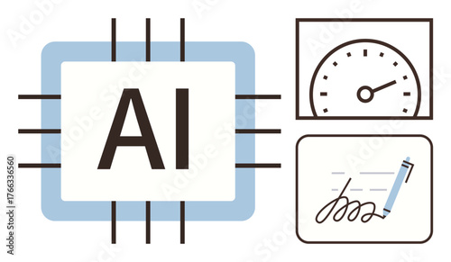 AI chip with surrounding graphic elements representing speed measurement and automated writing. Ideal for technology, innovation, automation, productivity, performance, digital tools, and efficiency