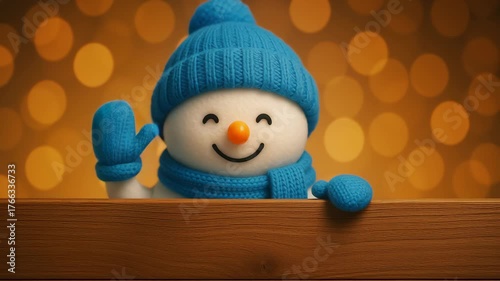 Cheerful snowman character in blue hat and scarf joyfully waving against warm bokeh background, capturing festive spirit of Christmas