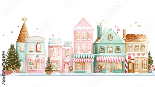 Colorful winter village scene with charming buildings decorated for the holidays, featuring snow and festive elements