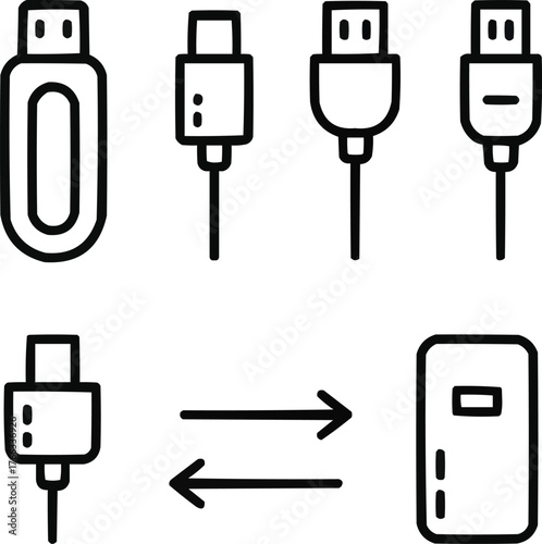 USB Device Outline Icon Set  Flash Drive, Port Connector, and Data Transfer Symbols