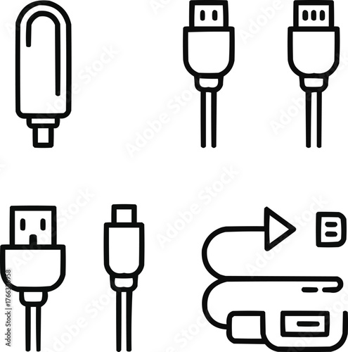 USB Device Outline Icon Set  Flash Drive, Port Connector, and Data Transfer Symbols