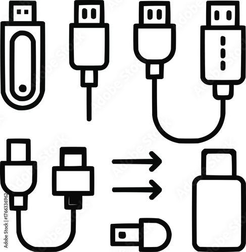 USB Device Outline Icon Set Flash Drive, Port Connector, and Data Transfer Symbols