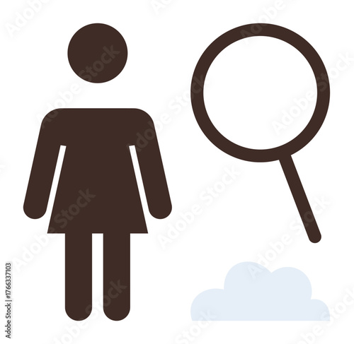 Female character with magnifying glass and cloud conveying themes of discovery, data analysis, online research, innovation, investigation, information search, and digital ideas. Clean flat metaphor