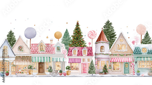 Colorful winter village with candy-themed decorations and festive trees, set against a black background for a whimsical feel