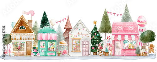 Colorful whimsical winter village scene with quaint shops, snow-covered ground, and festive decorations in a delightful holiday atmosphere