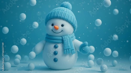 Cheerful snowman character in blue hat and scarf stands amidst falling snowballs, creating magical winter scene filled with joy and festive spirit