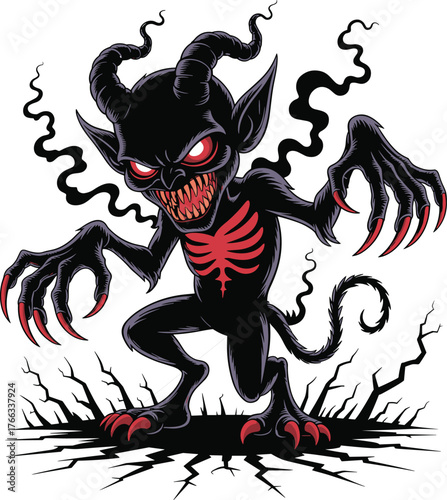 Cartoon demonic creature with glowing red eyes and claws, standing on cracked ground with smoke, spooky fantasy illustration, intense horror design