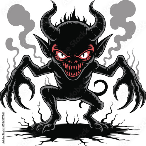 Cartoon demonic creature with red eyes and claws, crouching on cracked ground with smoke, spooky fantasy illustration, intense horror design