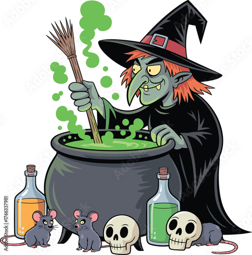 Cartoon witch stirring green potion in cauldron, spooky Halloween illustration with skulls, rats, bottles, magical festive scene