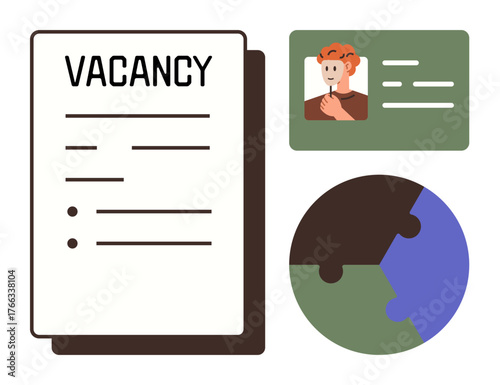 Job vacancy document, employee profile ID card, and puzzle graphic representing recruitment, teamwork, hiring process, career opportunities, applicant profiling, HR management, workforce building