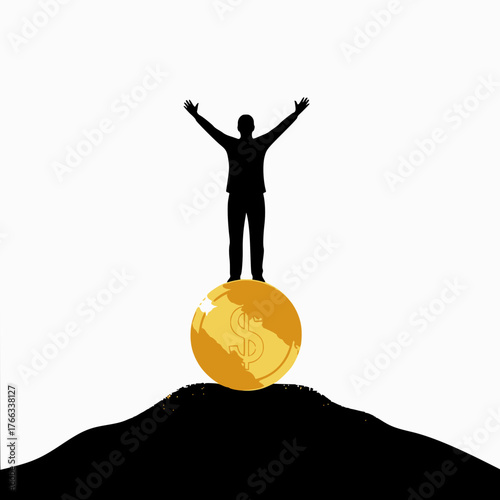 Silhouette vector illustration of a successful man standing on a giant golden coin with a dollar sign on a hilltop, symbolizing financial freedom, wealth, and business achievement