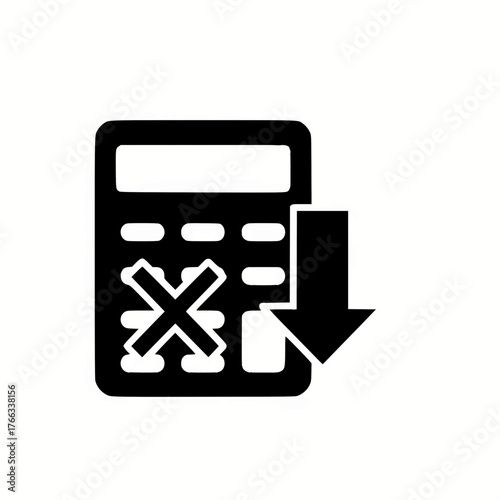 Black and white flat vector icon of a calculator with a large down arrow and an X mark on the keypad, representing cost reduction, decrease, or budget cuts.