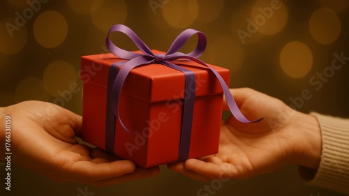 Joyful Christmas Celebration with Beautifully Wrapped Red Gift Box and Purple Ribbon, Exchanging Objects of Love and Holiday Spirit