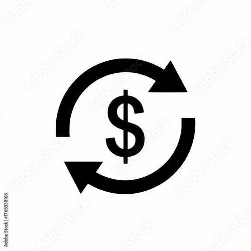 Black and white flat vector icon of a dollar sign currency exchange or financial transaction with two circular revolving arrows illustrating transfer or update