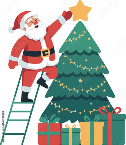 Santa Claus placing star on Christmas tree, festive holiday scene, colorful gifts, winter celebration, traditional decoration moment
